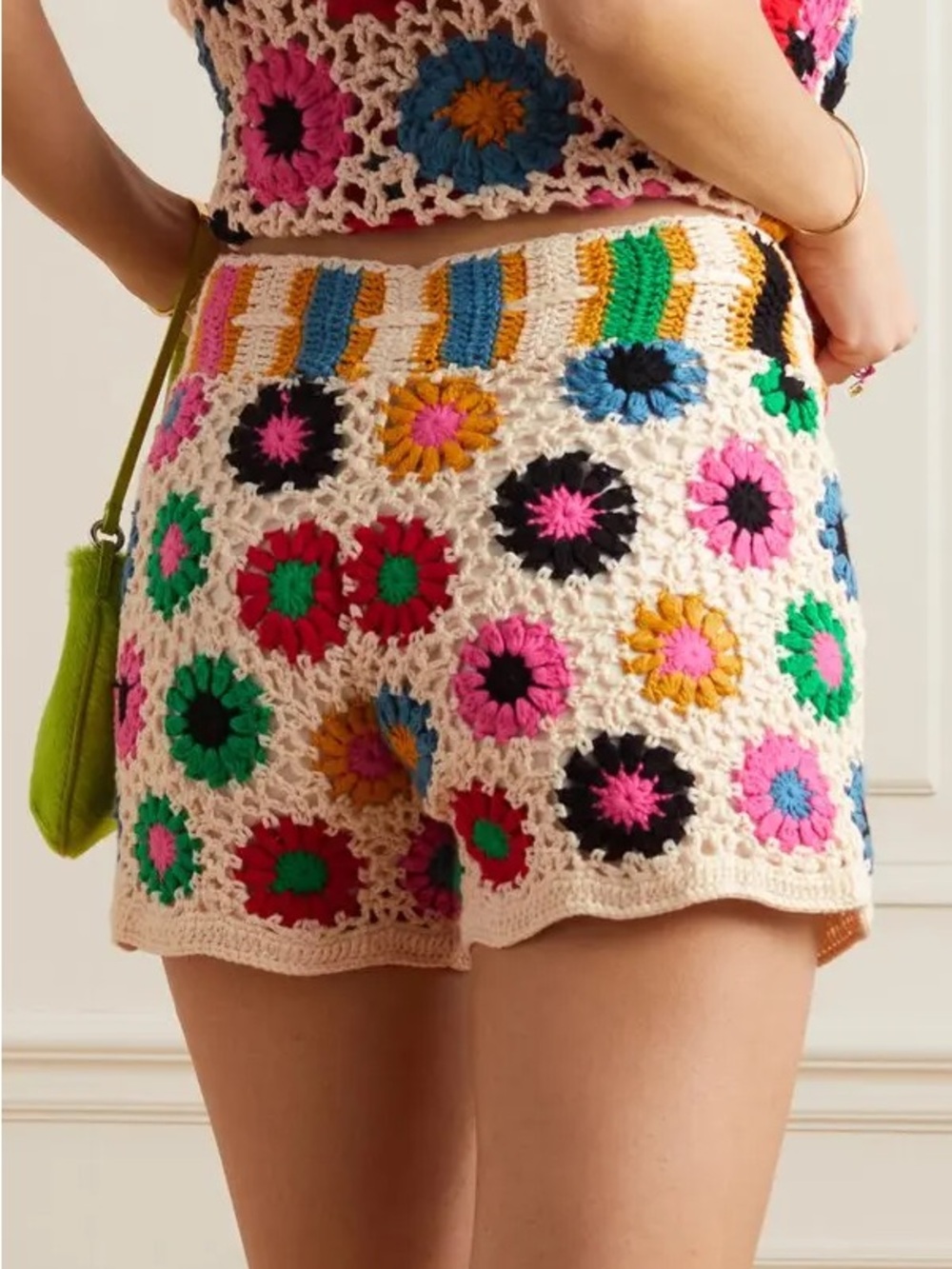 Farm Rio Crochet Matching Set Granny Square Crop Top Shorts Red Pink Size Medium - Picture 7 of 15